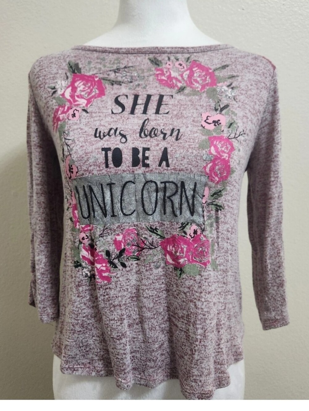 Vtg Y2K ARIZONA JEAN COMPANY Unicorn Roses Shirt XL (16) 3/4 Sleeve Red Lace